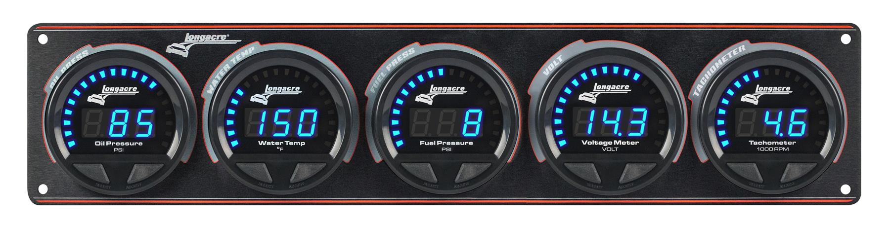 Digital Elite LED Waterproof Gauge Panel from Longacre, 4 Gauge Oil Pressure/Water Temperature/Fuel Pressure/Volt